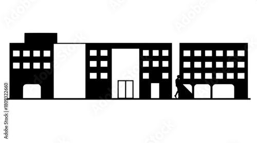 Simple monochrome illustration of a small urban building block, arranged as bold black geometric shapes on a clean white background, featuring a minimalistic infographic aesthetic with crisp lines, ba
