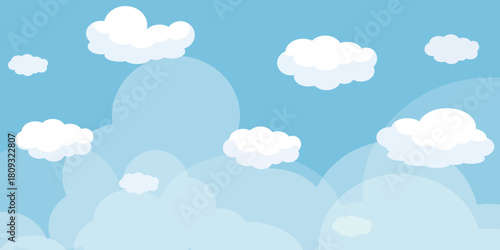 Illustration of a blue sky with white clouds in a flat style. Blue sky background and white clouds. Cartoon sky	