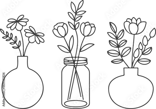 Hand Drawn Flower Vase Vector Illustration Set. Minimalist Botanical Line Art, Floral Decor Outlines, Simple Flower Pot Design, Modern Bloom Sketch Collection for Branding, Stickers