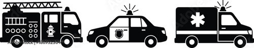 Set of emergency vehicle silhouettes featuring fire truck police patrol car and medical ambulance van icons for rescue service design isolated on white background.