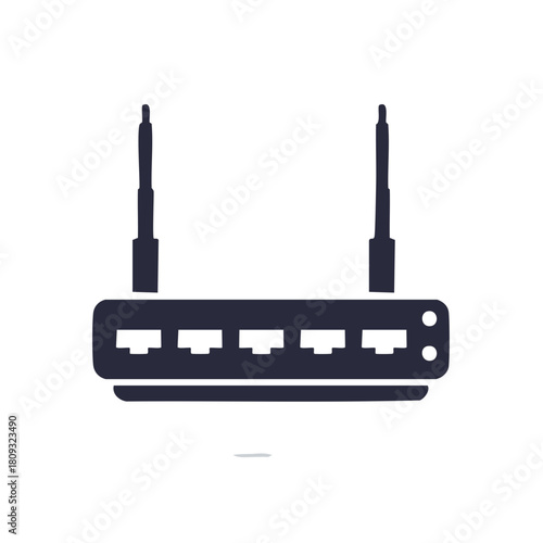 Minimalist icon of a wireless internet router with antennas, ports, and simple design