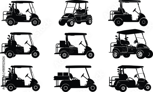 Vector collection of black golf cart silhouettes featuring electric buggy with clubs in side view for sport transportation design isolated on a white background.