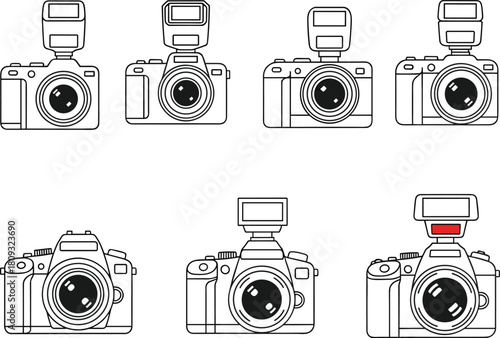 Vector collection of digital camera outline icons with external flash units including dslr and mirrorless models for photography equipment design isolated on white background.