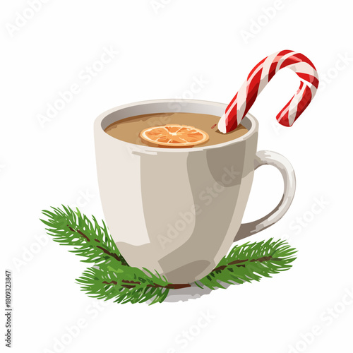 Cozy winter drink with candy cane and orange slice, on christmas holiday.