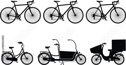 Vector set of black bicycle silhouettes including road racing bikes, city cycles, and heavy cargo delivery bikes for urban transportation design isolated on white background.