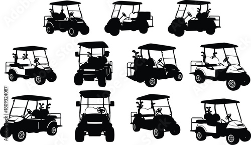 Vector set of black golf cart silhouettes featuring electric buggies with clubs in side front and perspective views for sport design isolated on white background.