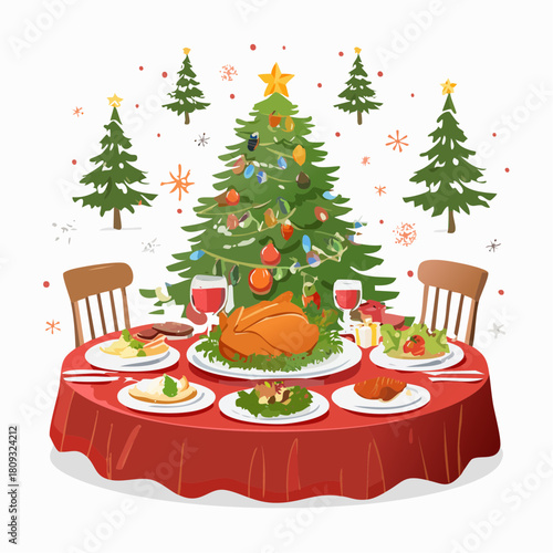 Festive Christmas dinner spread with turkey and tree