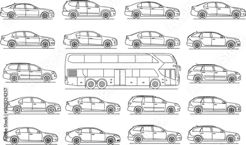 Vector set of linear car outlines and double decker bus side views including sedans wagons and suvs for transportation design isolated on white background.