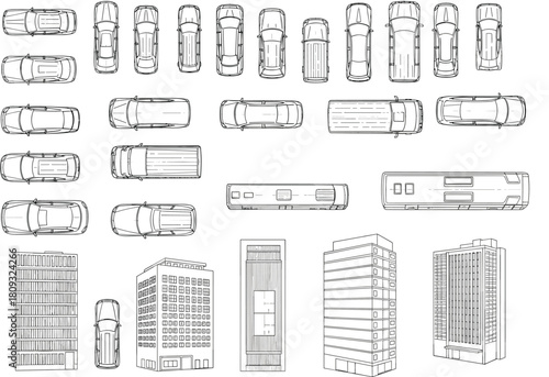 Vector set of top view cars and city buildings including sedans, buses, skyscrapers for architectural planning and urban design layouts isolated on white background.