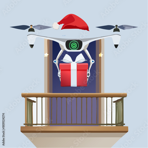 Drone delivering Christmas gift to balcony, festive holiday tech