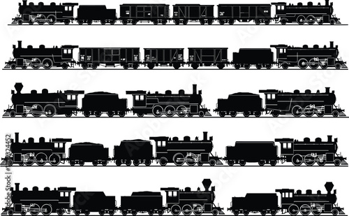Vector set of vintage steam train silhouettes including locomotives and cargo wagons in black side view for retro transportation design isolated on a white background.