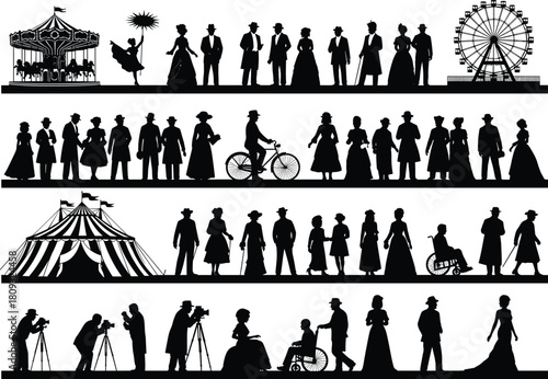 Vintage fairground silhouettes with carousels, ferris wheel, circus tent, Victorian people, performers, photographers, families, dancers, and historical \