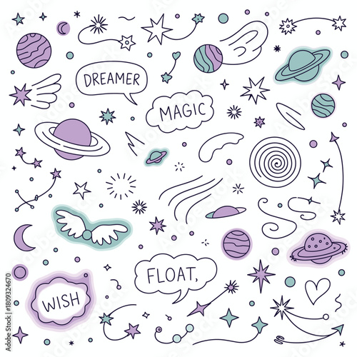 Celestial doodle art featuring planets stars moons and dreamy cosmic elements hand drawn style for design