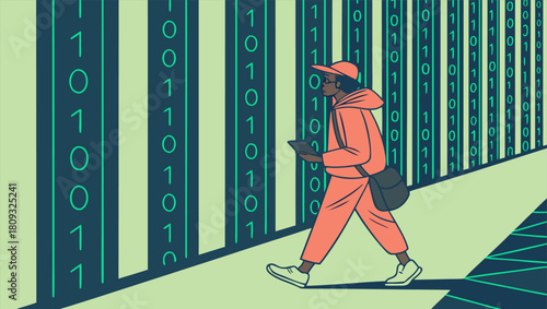 A person walks through a digital pathway surrounded by binary code columns, using a tablet.