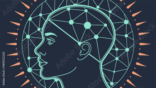 A profile of a human head overlaid with a network of interconnected lines and dots, symbolizing thought.