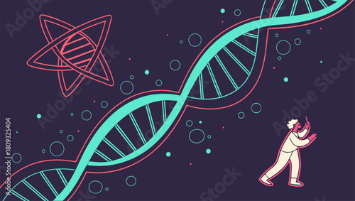 Illustration depicting a DNA strand, an atom, and a scientist observing.