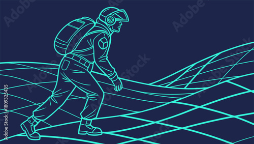 A futuristic astronaut walking across a stylized, digital landscape, exploring.