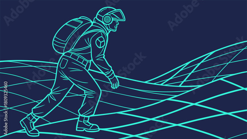 Futuristic soldier with backpack and helmet walking across a digital grid landscape, outlined in blue.
