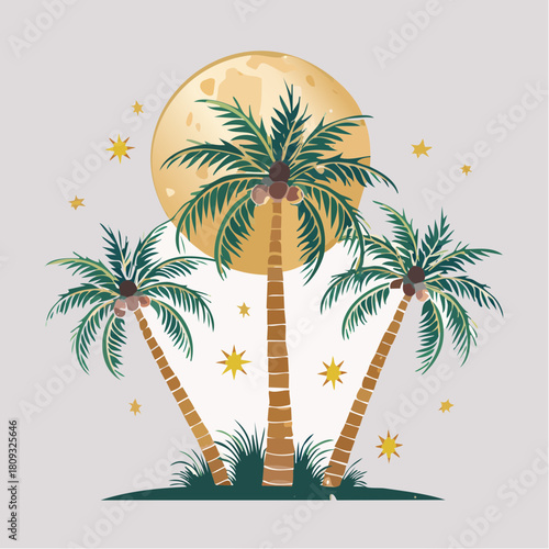 Tropical palms under a golden moon and stars