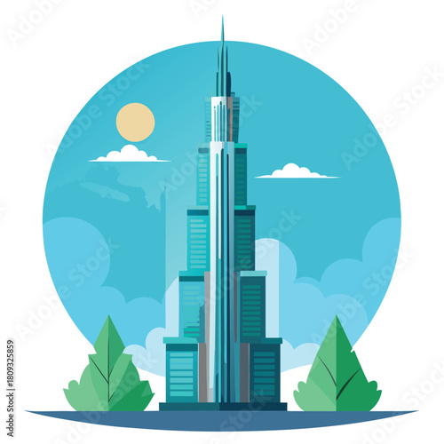 A tall, modern skyscraper with multiple levels and windows, set against a blue sky with clouds and sun, flanked by green trees