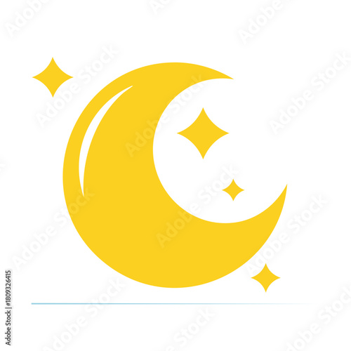 Stylized yellow crescent moon with sparkling stars against a bright white backdrop