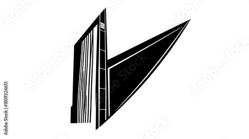 Black silhouette of a sleek futuristic high-rise building with sharp edges and strong geometric forms in a graphic logo style, featuring clean lines and precise shapes, with no gradients, set against 