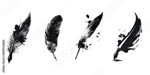 Elegant black quill pen creating flowing ink lines on a white background	