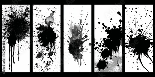 Abstract black ink splatters and drips on white background in a vertical panel format