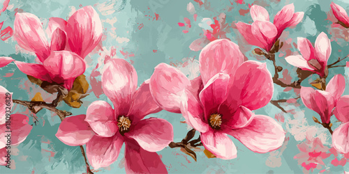 Close up of vibrant pink magnolia flowers blooming on a branch with a soft teal background