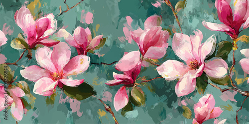 Delicate pink magnolia blossoms bloom vibrantly against a soft teal green textured background