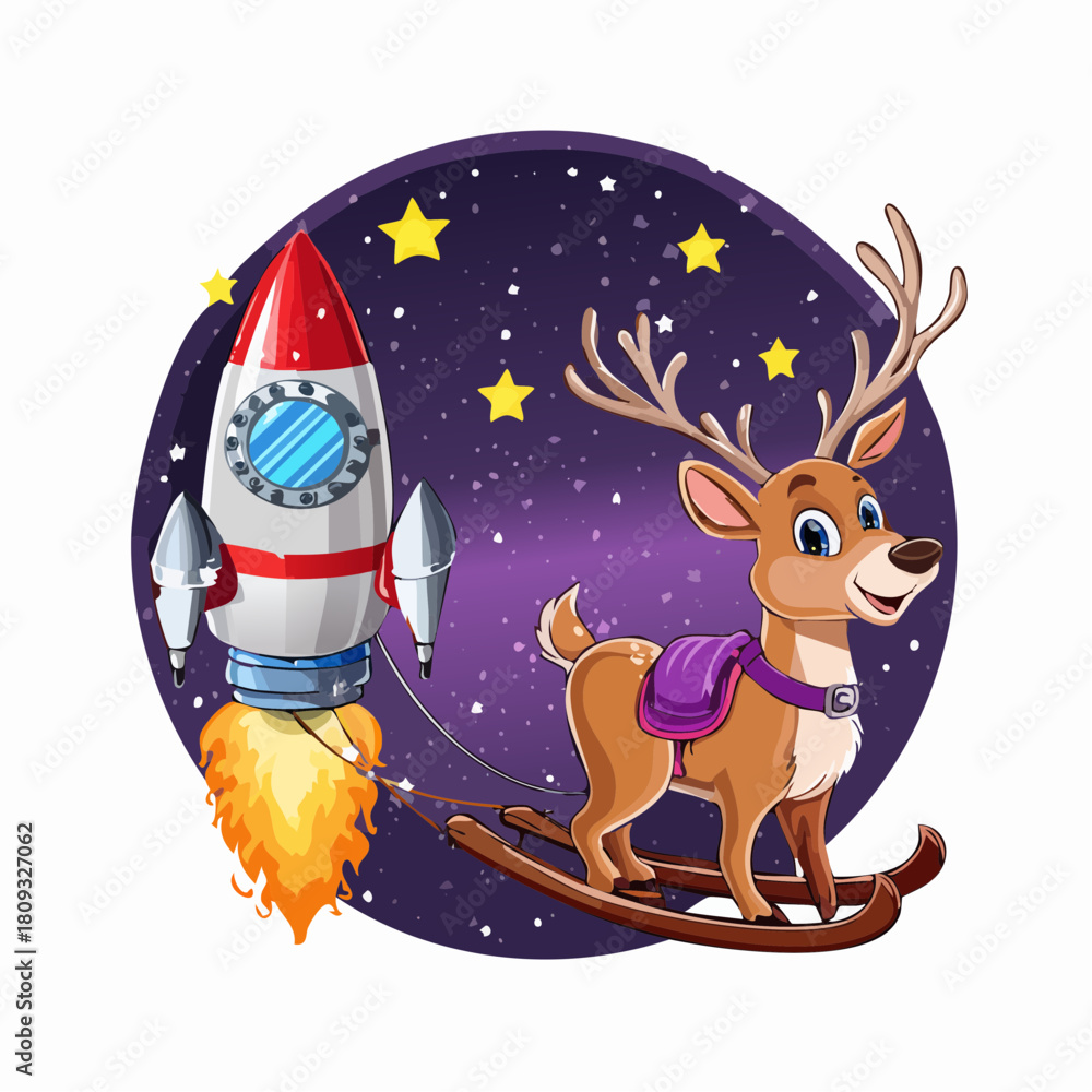 Naklejka premium Reindeer pulls rocket through starry night sky