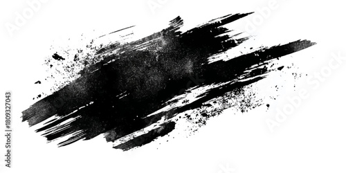 Abstract black ink splatter brush stroke with textured paint splashes and drips on white background