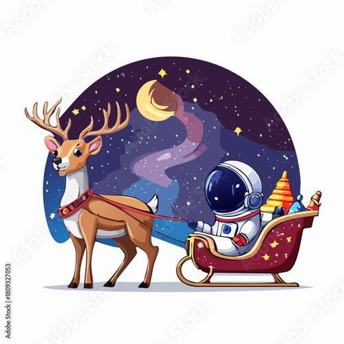 Astronaut reindeer delivering gifts through starry night sky