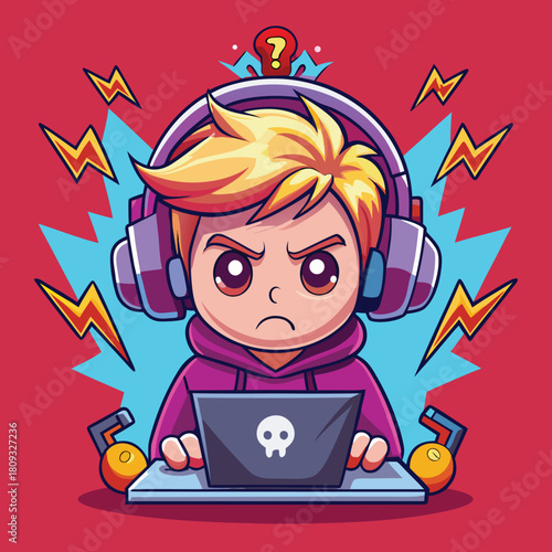 Angry young gamer boy with headphones frustrated by a problem on his laptop, surrounded by lightning bolts