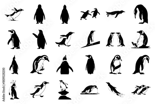 Penguin Silhouette Vector Icons Set: 24 Diverse Poses and Actions