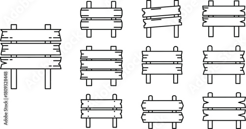 Linear arrangement of simple black and white railway track components