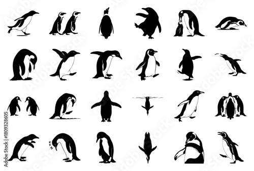 Penguin Silhouette Vector Icons Set: 24 Diverse Poses and Actions
