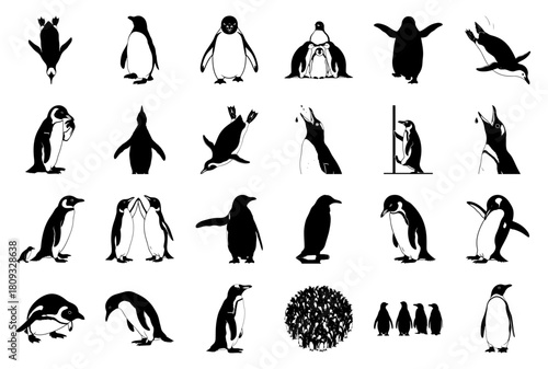 Penguin Silhouette Vector Icons Set: 24 Diverse Poses and Actions