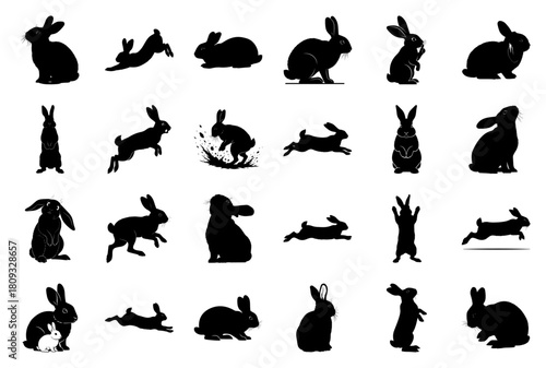 Rabbit and Bunny Silhouette Vector Collection: Diverse Poses and Actions