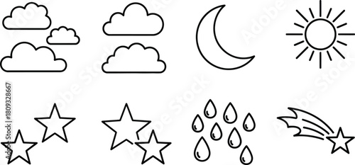 Simple black and white weather icons depicting sun moon stars and clouds