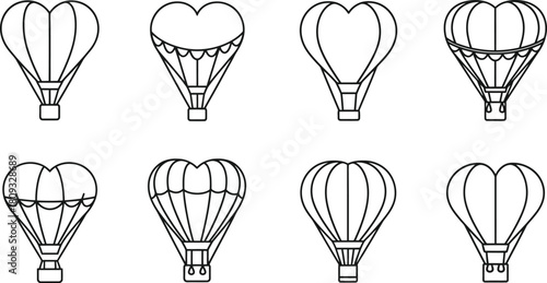 Linear illustration of eight hot air balloons in varying shapes and styles