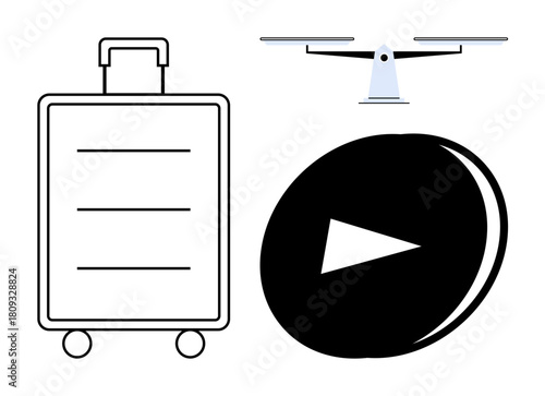 Suitcase signifies travel and mobility, quadcopter illustrates modern technology and automation, play button symbolizes media and creativity. Ideal for travel, logistics, innovation, media