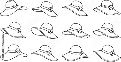 A collection of minimalist black and white sun hats with floral details