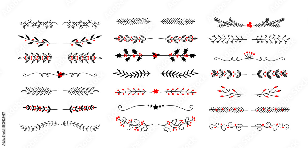 Obraz premium Christmas dividers set. Hand drawn ornamental winter holiday text decor border, Xmas floral underline, ornamental wedding card doodle separator with fir and holly branches. Vector isolated set