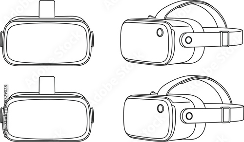 Line art illustrations of virtual reality headsets showcasing different views
