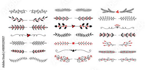 Christmas dividers set. Hand drawn ornamental winter holiday text decor border, Xmas floral underline, ornamental wedding card doodle separator with fir and holly branches. Vector isolated set