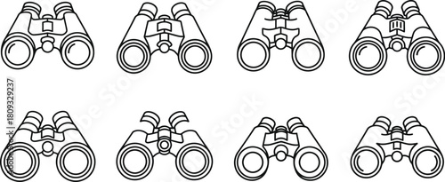 A collection of black and white line art illustrations of binoculars