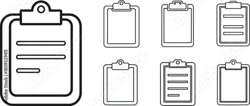 collection of outline clipboard icons with lined paper variations