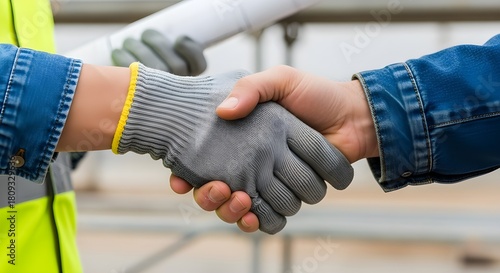 Construction workers shaking hands on job site demonstrates building teamwork and partnership for successful engineering projects
