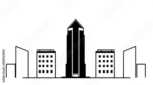 Minimalist black and white icon-style illustration of a modern skyscraper with clean lines and geometric shapes, solid black rectangular forms and triangular rooftops on a pristine white background, n